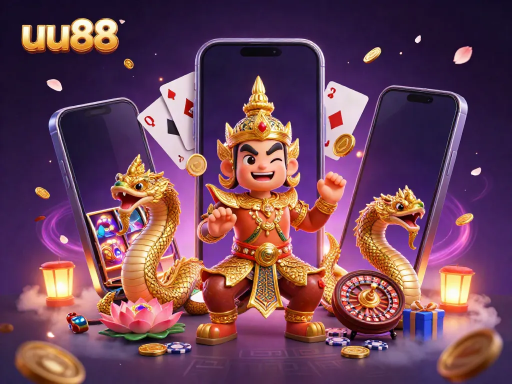 Experience the excitement of uu88 with a dynamic 3D casino scene featuring games and guardians.