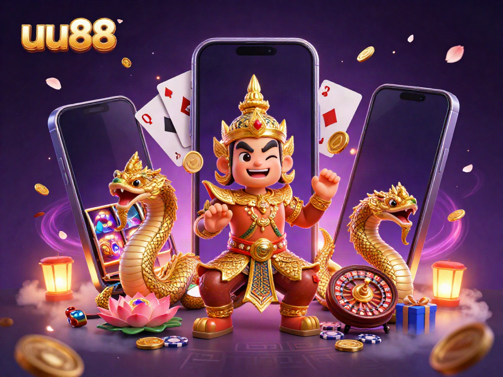 Experience the excitement of uu88 with a dynamic 3D casino scene featuring games and guardians.