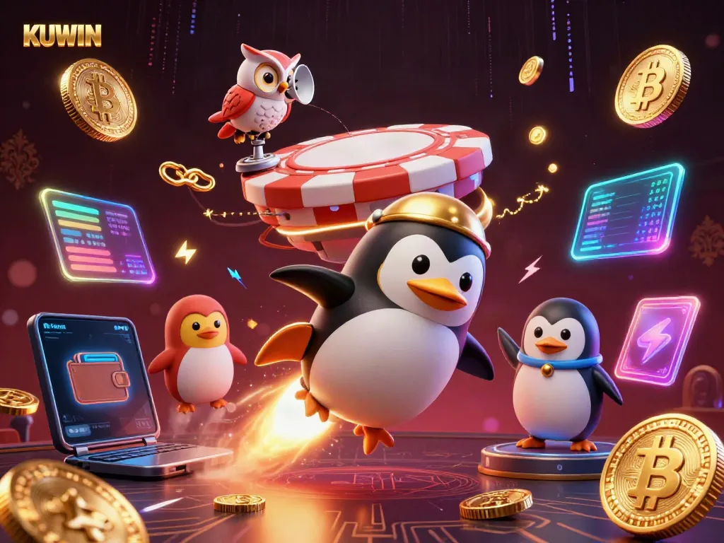 Experience the thrill of KUWIN with a golden penguin soaring past vibrant crypto symbols and a poker chip station.