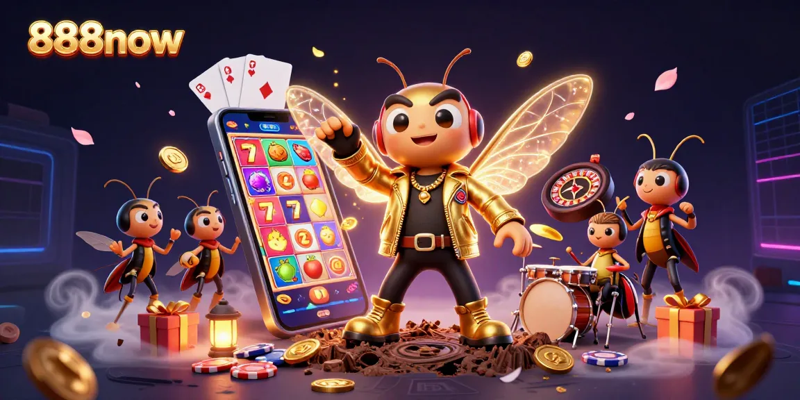 Experience thrilling jackpots and slot wins at 888now with a vibrant scene capturing a cartoon rock star and casino elements.