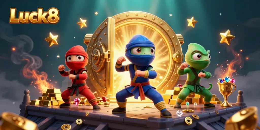 Witness the Luck8 chameleon ninjas performing martial arts around golden treasures.
