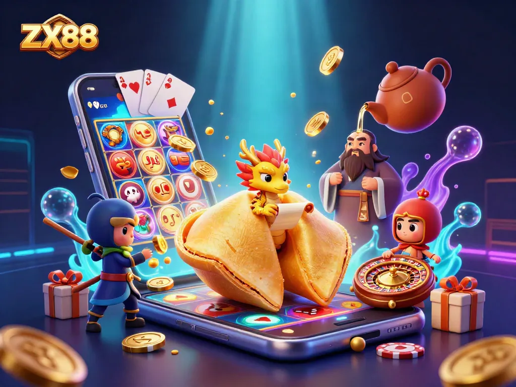 Engage with ZX88's vibrant casino experience, featuring dynamic slot games, golden rewards, and animated characters.