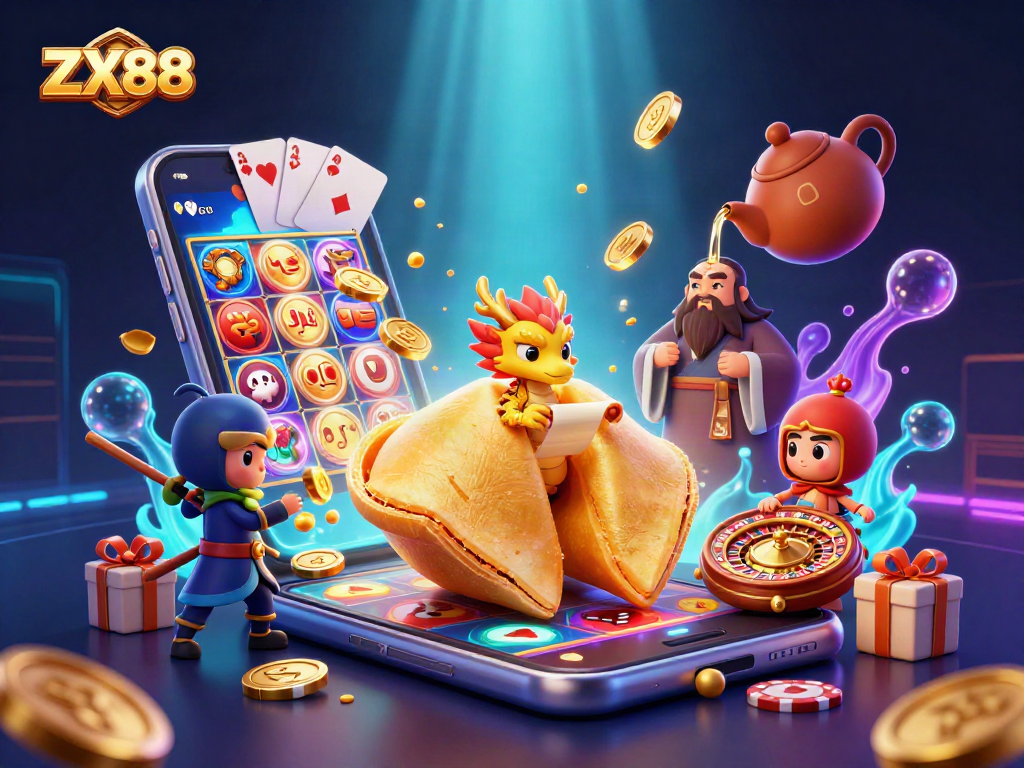 Engage with ZX88's vibrant casino experience, featuring dynamic slot games, golden rewards, and animated characters.