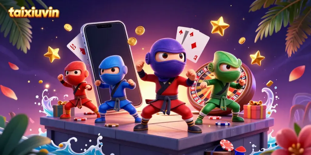 Experience thrilling gameplay with the taixiuvin ninja chameleon team in a vibrant casino scene.