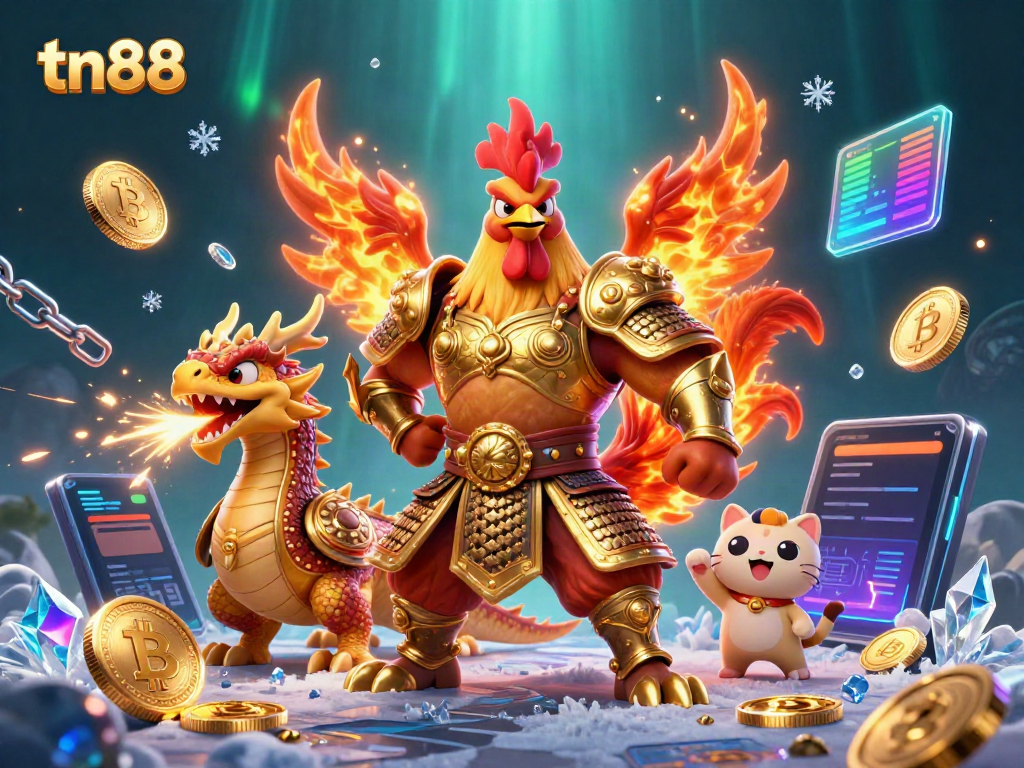 Engage with tn88's dynamic casino world featuring hero characters and crypto elements.