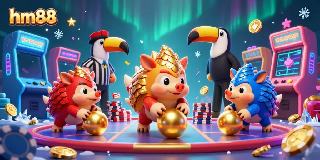 Bowling pangolins in colorful casino-themed action representing hm88's vibrant gaming experience.