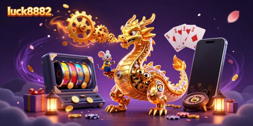 Experience the thrilling luck8882 casino world with a dynamic 3D dragon, slot games, and golden coins.