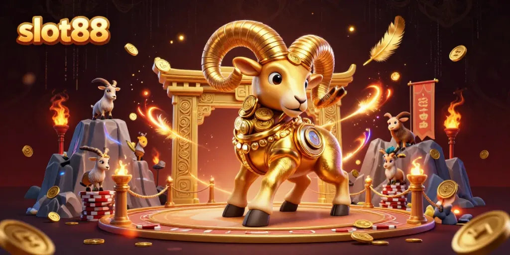 Slot88 meraih kemenangan dengan ilustrasi domba emas berenergi dalam arena pertarungan slot.