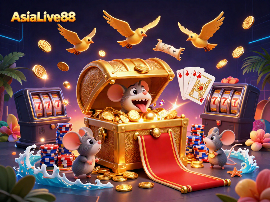 Experience the thrill of winning at AsiaLive88 with golden treasures and vibrant casino elements.