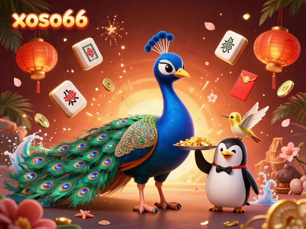 Win big with xoso66 as illustrated by an aristocratic peacock in a luxurious casino scene.