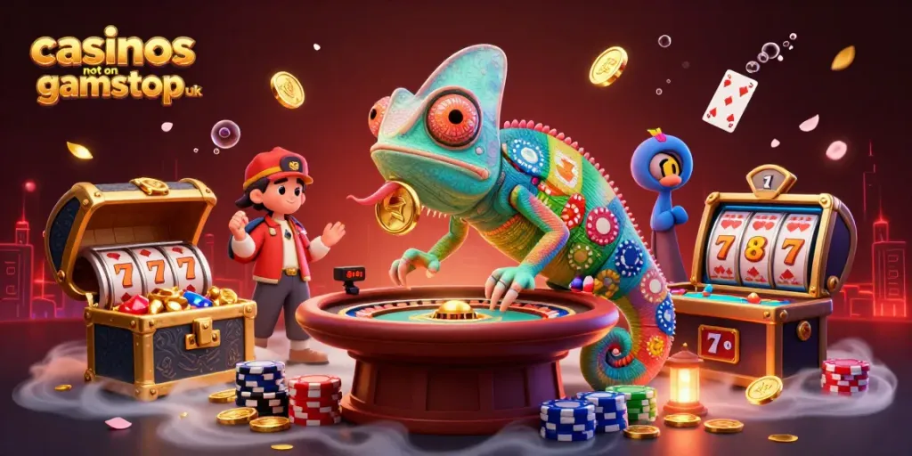 Experience the vibrant world of casinos not on gamstop uk with a colorful chameleon casino owner and dynamic game elements.