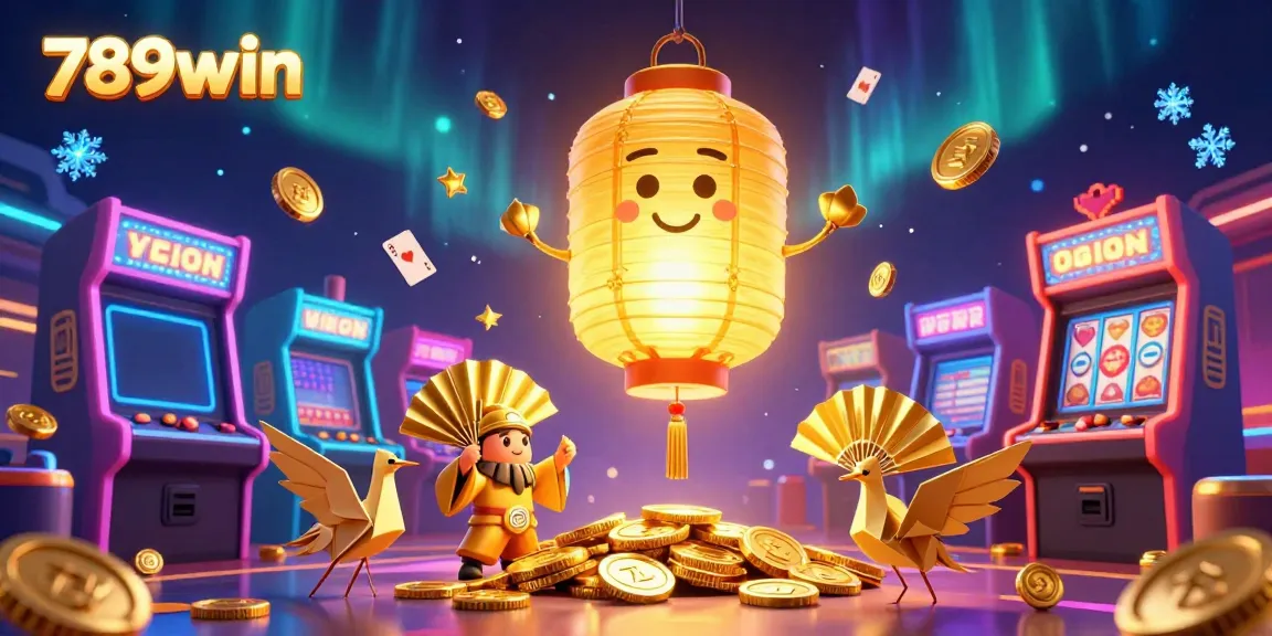 Engage with 789win's vibrant 3D casino scene featuring a golden lantern spirit and arcade games.