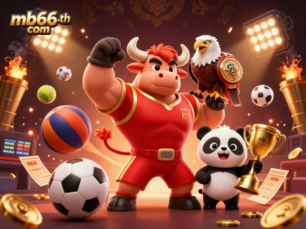 Win big at mb66-th com with this festive illustration of champions and trophies!