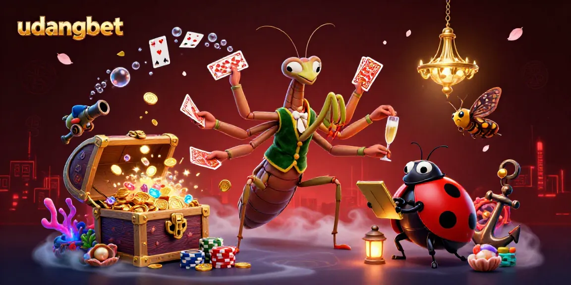 Engage with udangbet’s thrilling casino atmosphere featuring a colorful 3D illustration of games and characters.