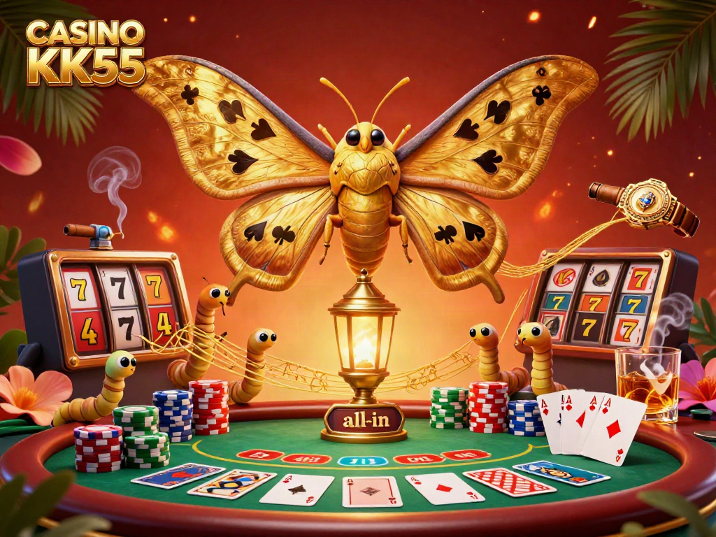 Experience exciting casino action at CASINO KK55 in a vibrant 3D illustration filled with poker elements and golden moths.