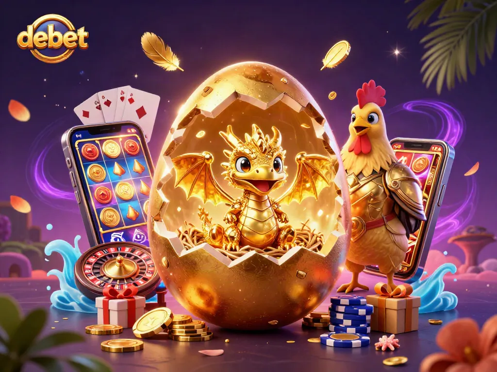 Play exciting games at debet with a gold dragon, poker chips, and vibrant slot visuals