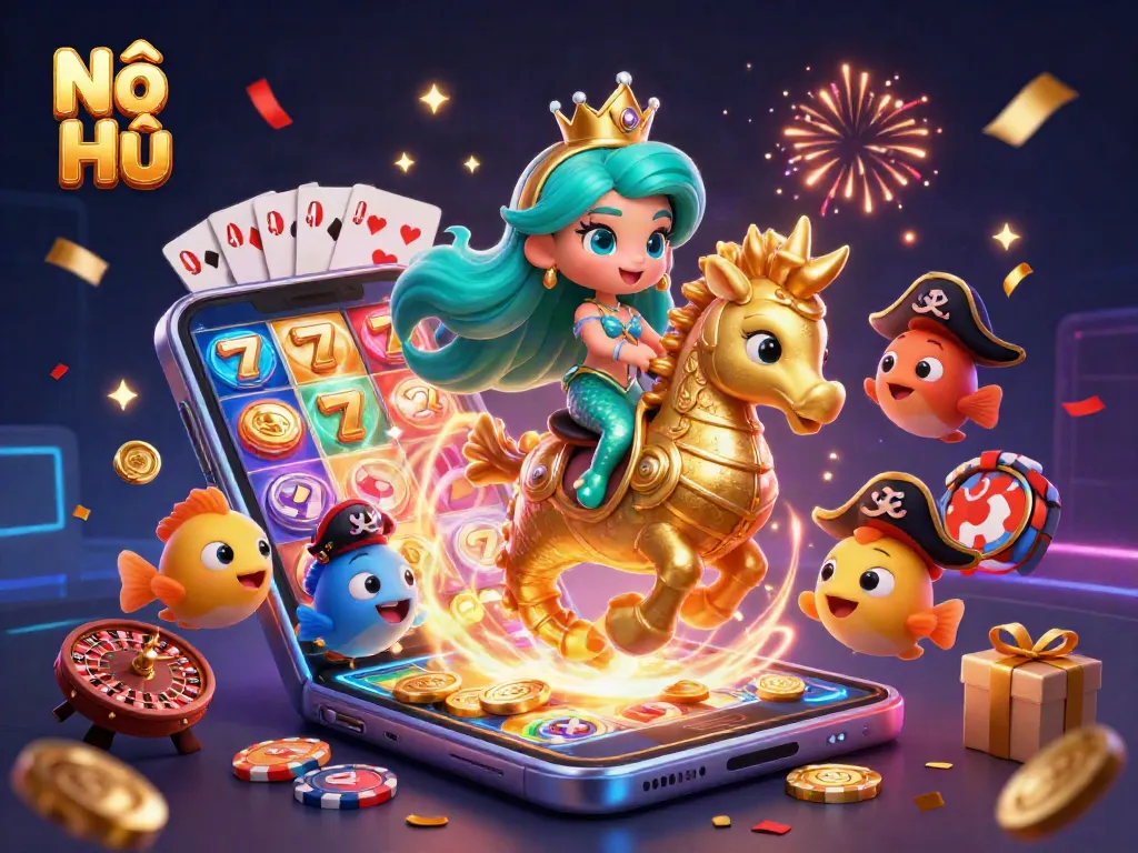 Nổ Hũ offers exciting gameplay with colorful slot games and vibrant characters in a casino adventure.