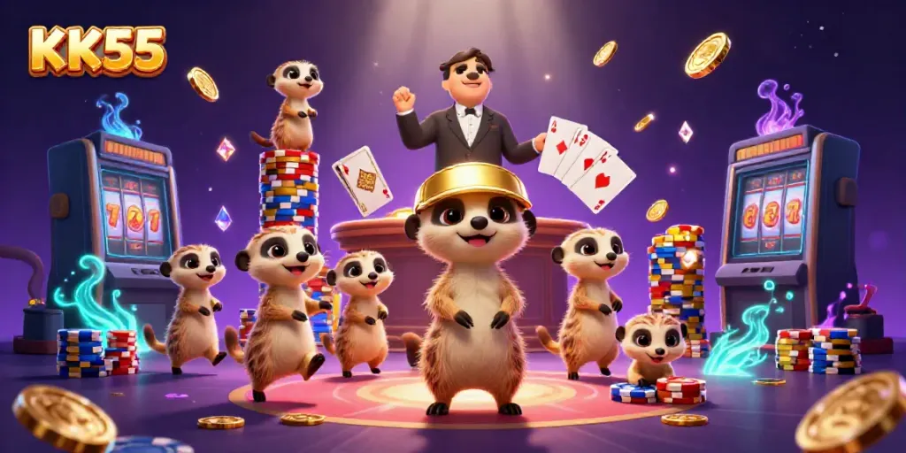 Experience thrilling wins at KK55 with cartoon meerkats running a vibrant casino filled with colorful games.