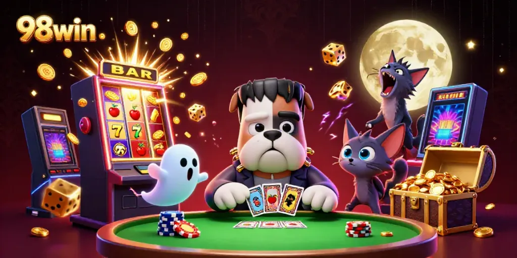 98win casino excitement with a cartoon bulldog and playful ghost mouse at a vibrant gaming table.