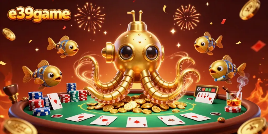 Engage with thrilling e39game action in a vibrant 3D casino illustration with dynamic poker elements.