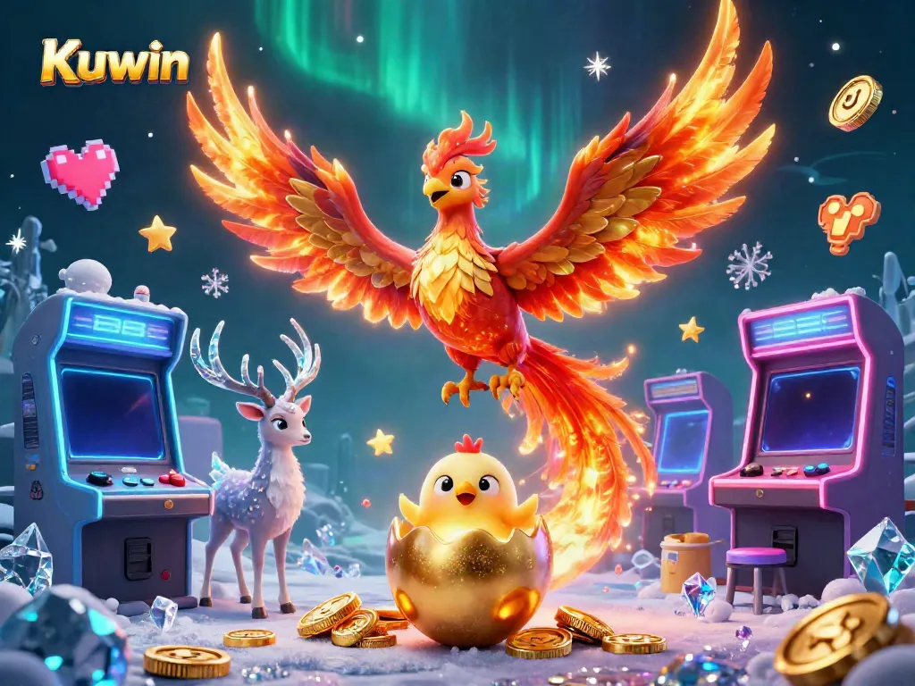 Explore Kuwin's vibrant 3D casino world with a phoenix, arcade games, and treasure.