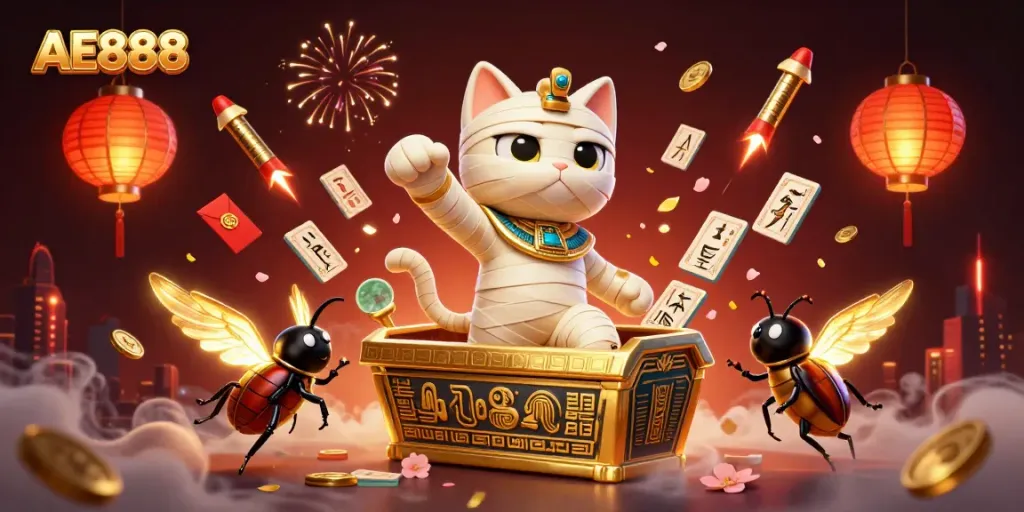 Join the exciting AE888 gaming adventure with a vibrant 3D illustration of a cartoon mummy cat in a casino.