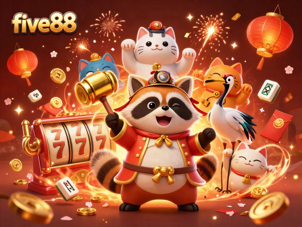 Experience the excitement of five88 with cheerful tanuki and lucky symbols in this vibrant casino scene.