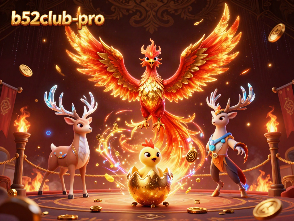Experience the vibrant world of b52club-pro with the fiery phoenix, baby chick, and mystical stag amidst casino elements!