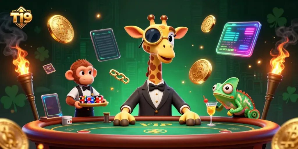 Engage in thrilling gameplay at T19 with a vivid scene of a giraffe and friends at a poker table.
