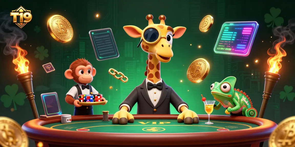 Engage in thrilling gameplay at T19 with a vivid scene of a giraffe and friends at a poker table.