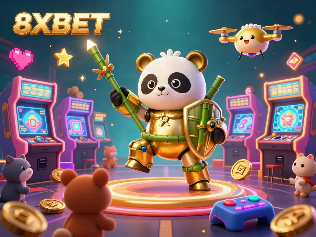 Experience thrilling gameplay at 8XBET with a vibrant casino illustration of a golden panda in a fighting robot amidst cheering spectators.