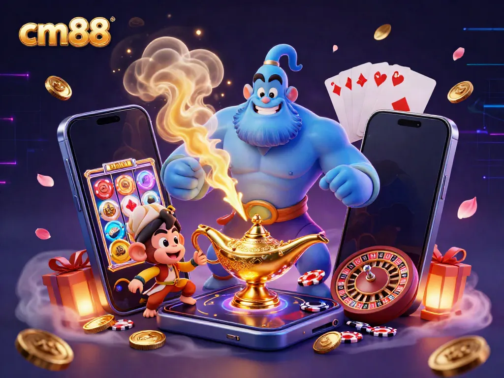Engage with cm88 through this vibrant 3D cartoon illustration of a genie, monkey, and poker chips.