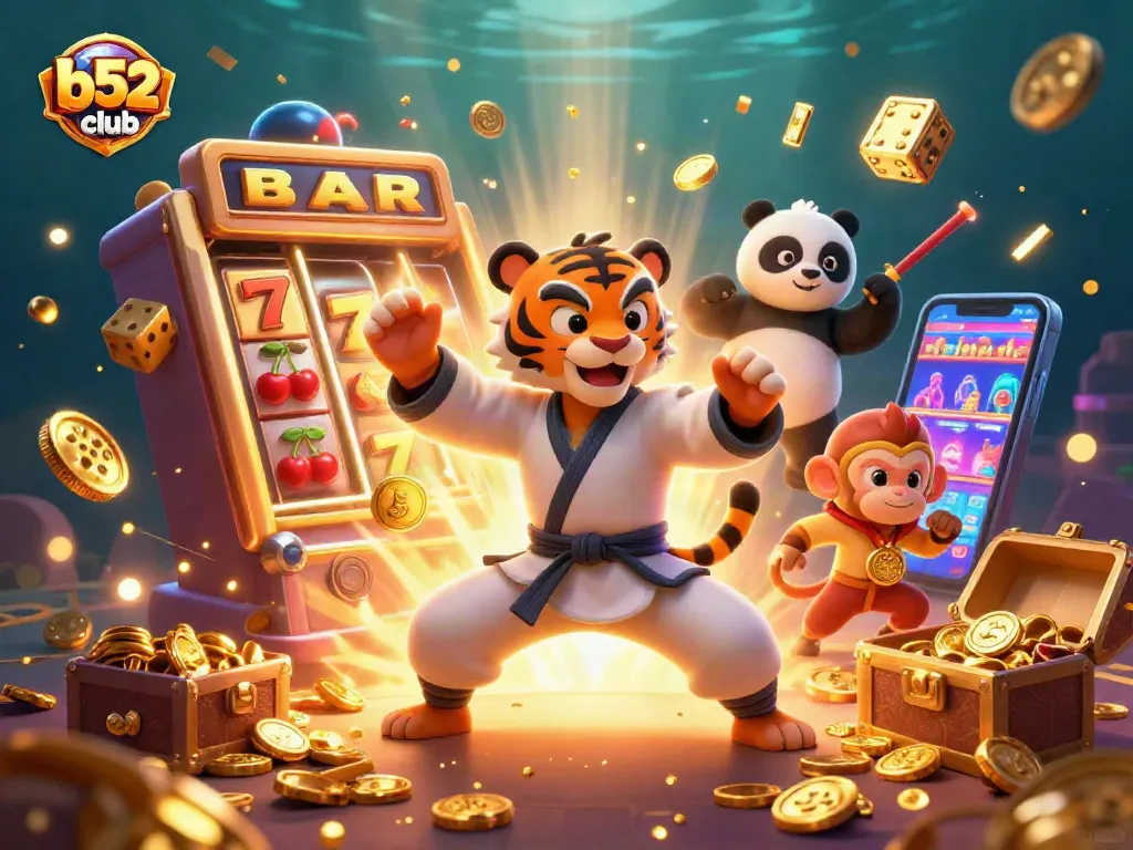 Engage in vibrant casino action with b52club, as the kung fu tiger and panda disciple celebrate a jackpot!