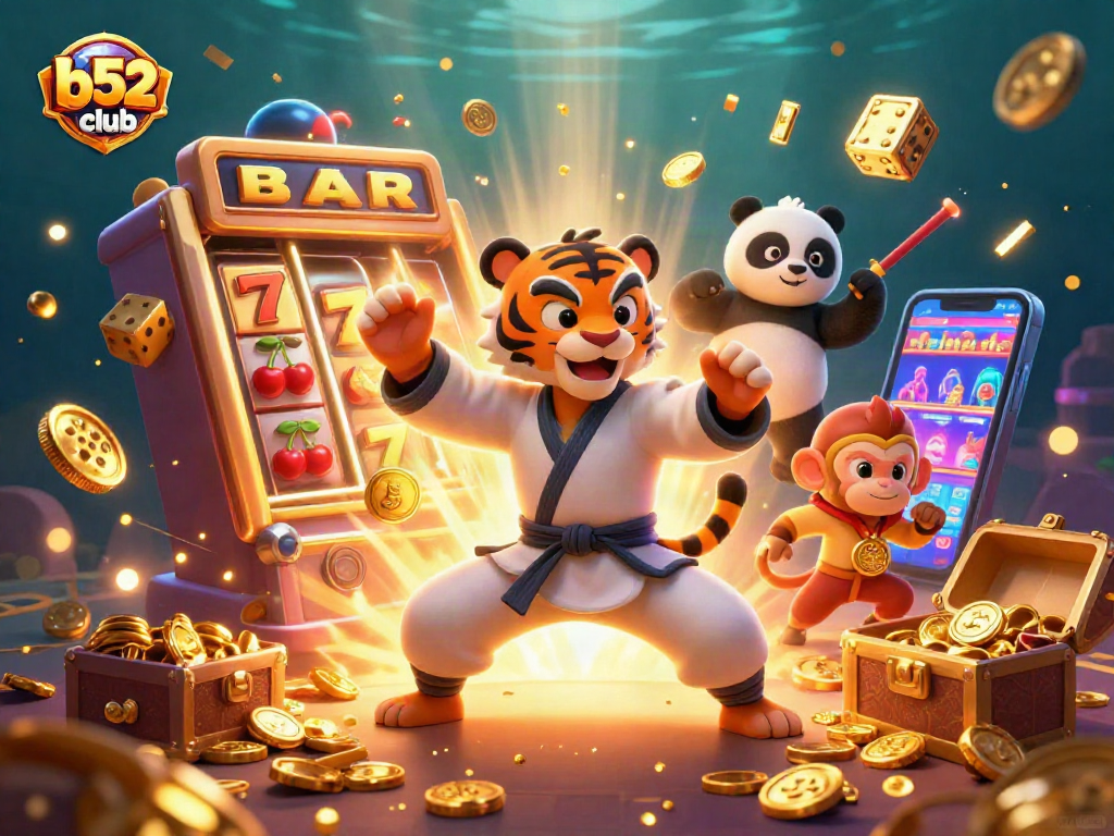 Engage in vibrant casino action with b52club, as the kung fu tiger and panda disciple celebrate a jackpot!