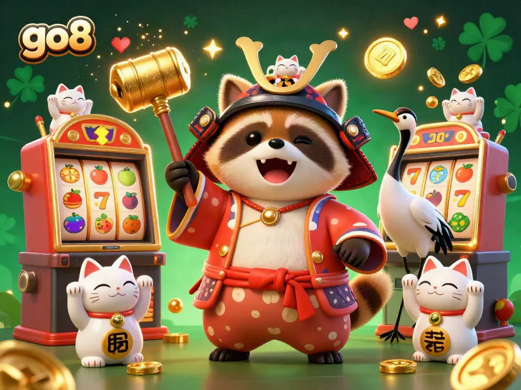 Join the go8 adventure with cheerful tanuki and lucky symbols at this vibrant online casino scene.
