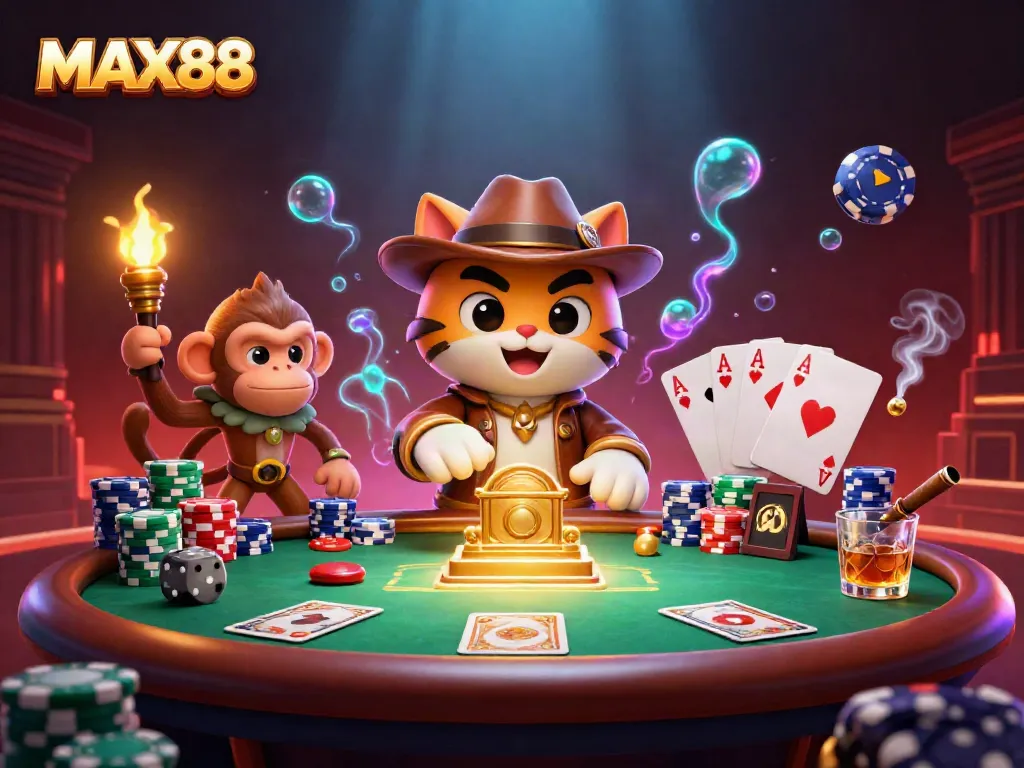 Max88 cartoon cat explorer discovering a golden casino artifact with poker chips and cards