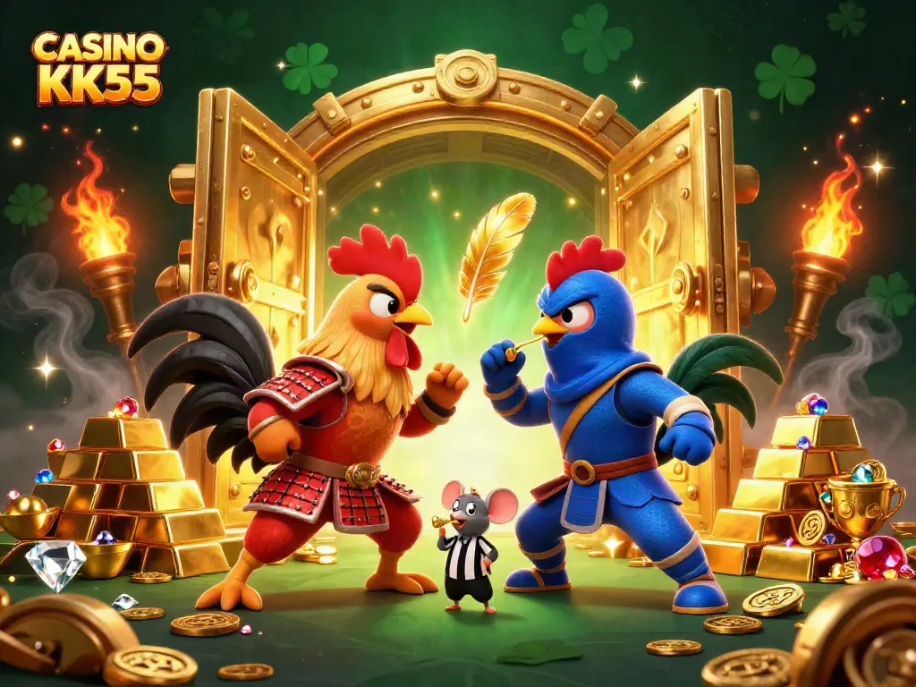 Engage in thrilling battles at CASINO KK55 with vibrant 3D cartoon roosters and gold treasures.