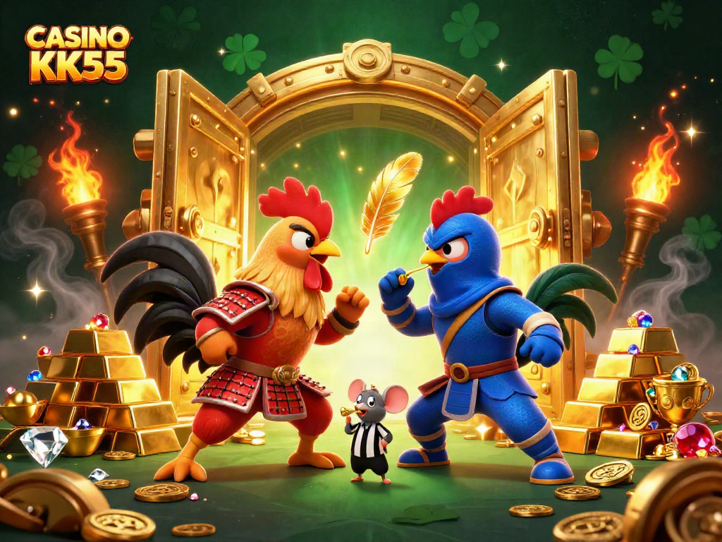 Engage in thrilling battles at CASINO KK55 with vibrant 3D cartoon roosters and gold treasures.