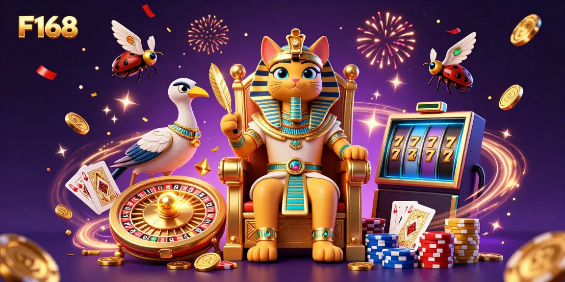 Engage with F168 in a vibrant casino atmosphere showcasing a pharaoh cat, gaming elements, and dynamic rewards.