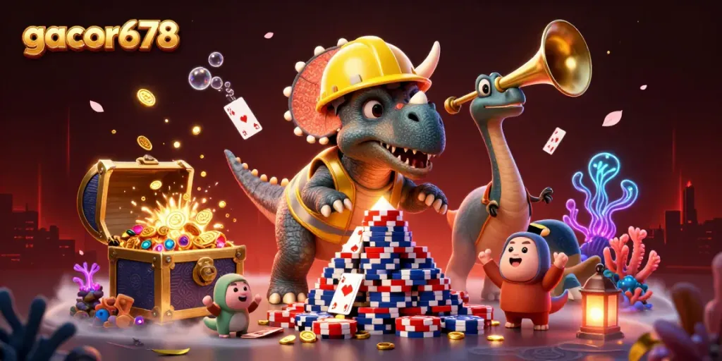 Engage with gacor678 as cartoon dinosaurs celebrate while building poker chip towers amidst vibrant casino elements.