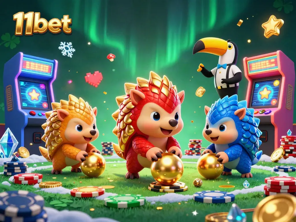 11bet casino illustration featuring rival pangolins playing a vibrant game in a packed casino atmosphere