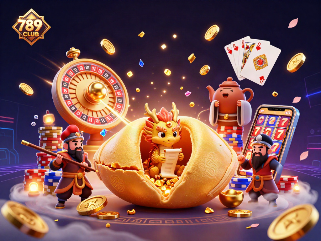 Engage with 789CLUB in a vibrant 3D casino scene filled with dynamic gaming elements.