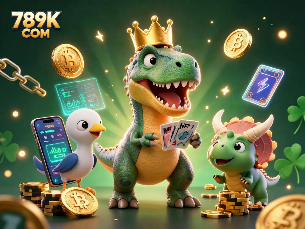 Join the fun at 789K COM while a friendly T-Rex shuffles cards and a triceratops stacks chips.