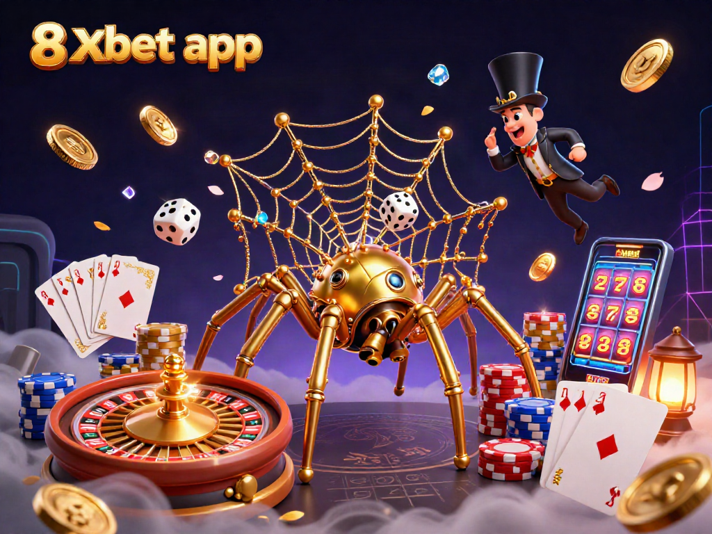 Engage with the thrilling 8xbet app experience featuring a steampunk spider and Victorian fly in a vibrant casino scene.
