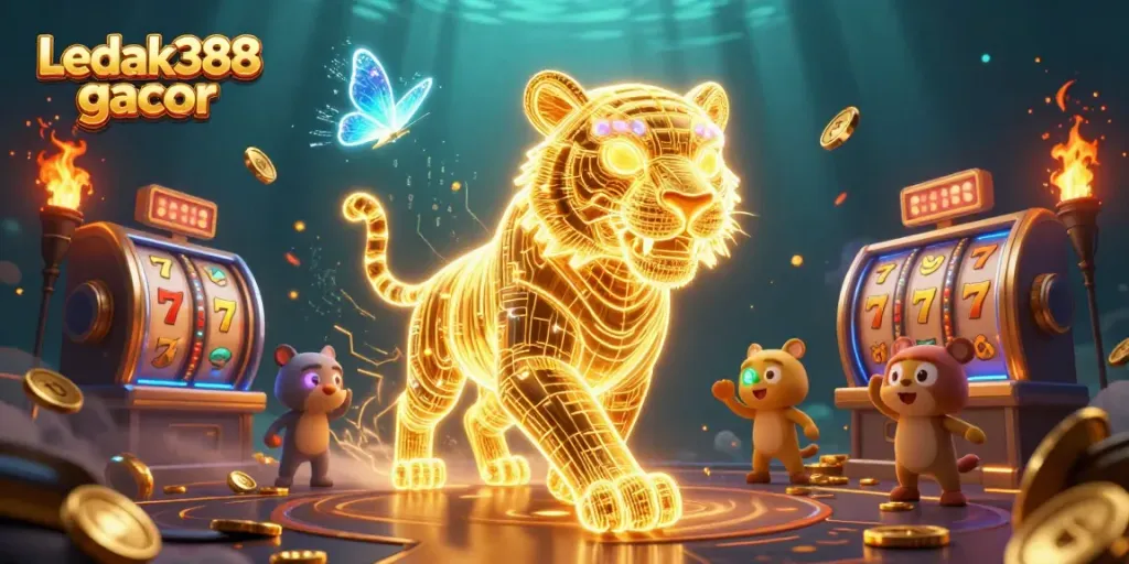 Experience the vibrant energy of Ledak388 gacor with a golden tiger and dynamic gaming elements in this thrilling casino illustration.
