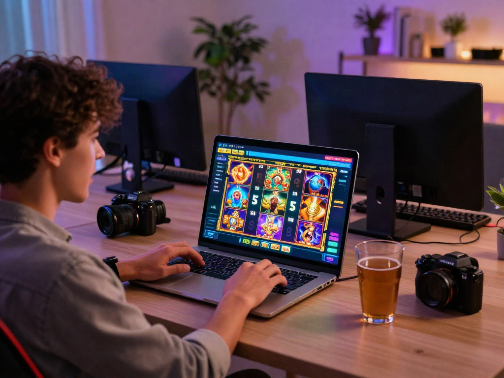 Engaged user enjoying slot gacor hari ini gameplay on a modern laptop in a cozy gaming setup.