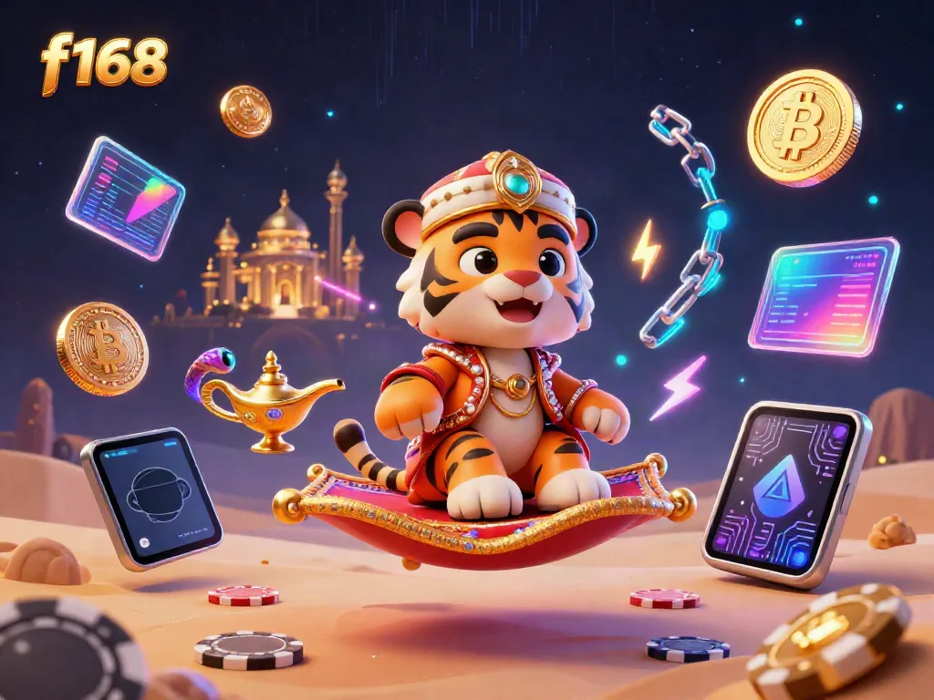 Experience the thrill of f168 with a vibrant, 3D casino-themed illustration featuring dynamic elements and characters.