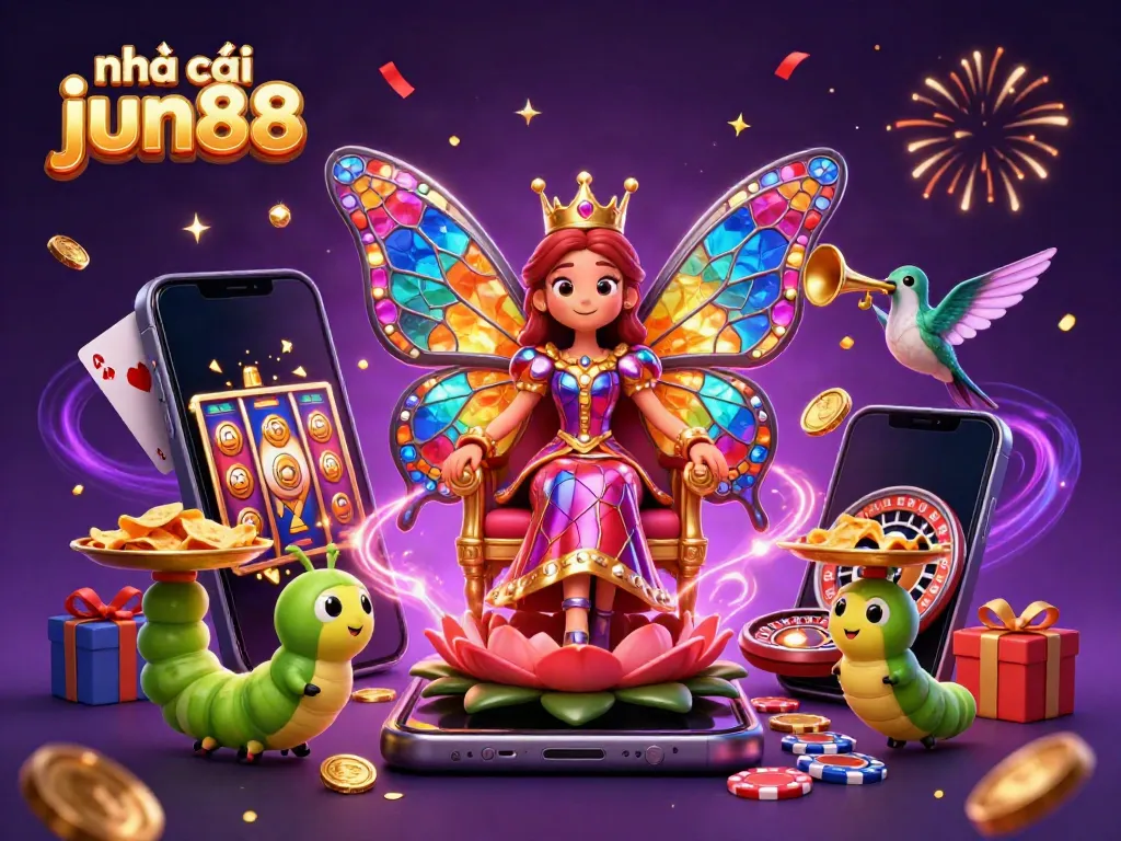 Engaging scene of the butterfly queen with vibrant elements of nhà cái jun88 Casino gaming, showcasing slots and chips.