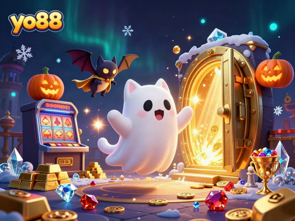 Engage with yo88's vibrant casino scene featuring ghost cat and bat under golden treasure lights.