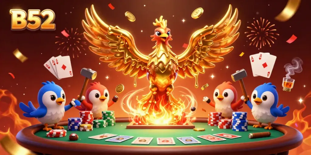 B52 casino featuring a golden phoenix, poker table, colorful chips, and dynamic festive elements.